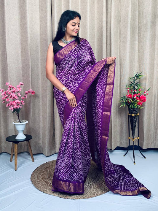 PURPLE SOFT TUSSHAR SILK BANDHEJ SAREE