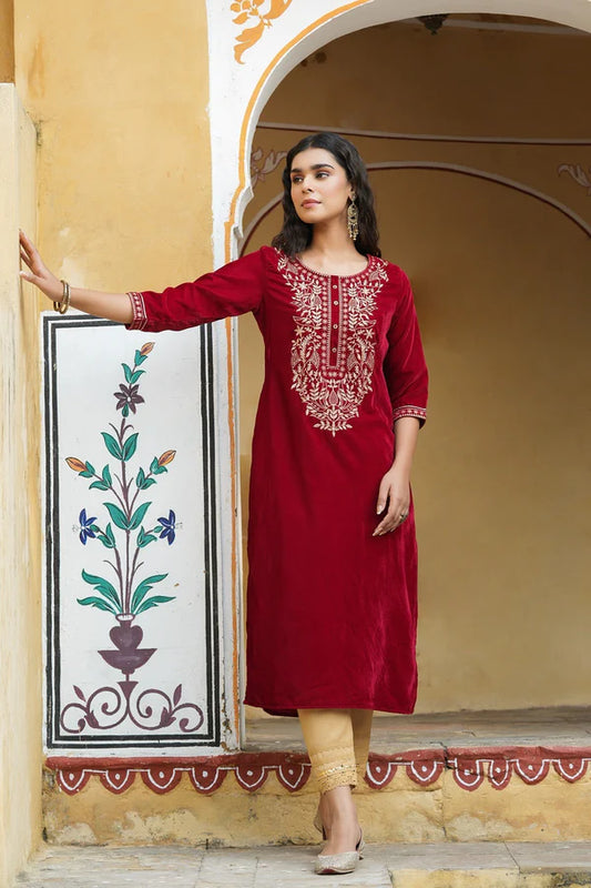 MAROON VELVET FESTIVE SOLID EMBROIDERED STRAIGHT KURTA