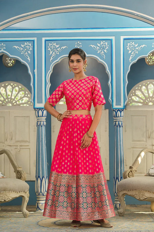 FUSCHIA PRINTED BROCADE FESTIVE WEAR LEHENGA CHOLI SETS