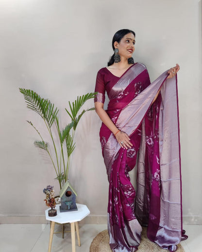 Wine Chiffon Silk with Silver Zari Weaving Ready to Wear Saree