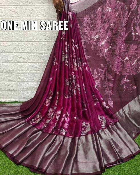 Wine Chiffon Silk with Silver Zari Weaving Ready to Wear Saree