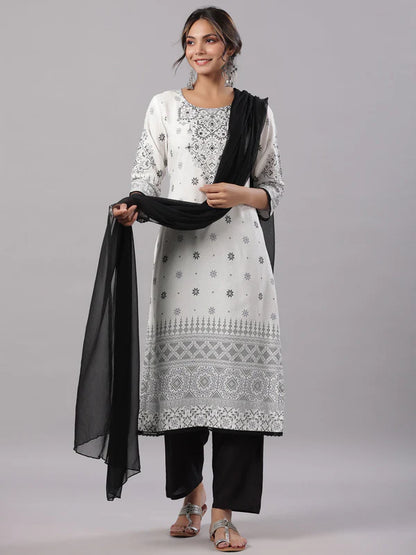 WHITE RAYON STAPLE PRINTED KURTA, PANTS & DUPATTA SET