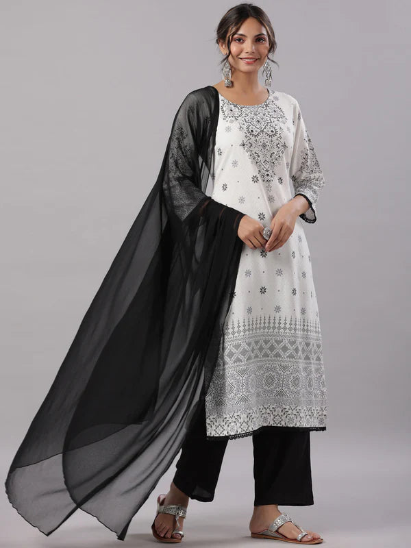 WHITE RAYON STAPLE PRINTED KURTA, PANTS & DUPATTA SET