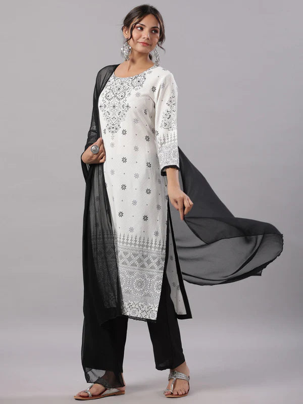 WHITE RAYON STAPLE PRINTED KURTA, PANTS & DUPATTA SET