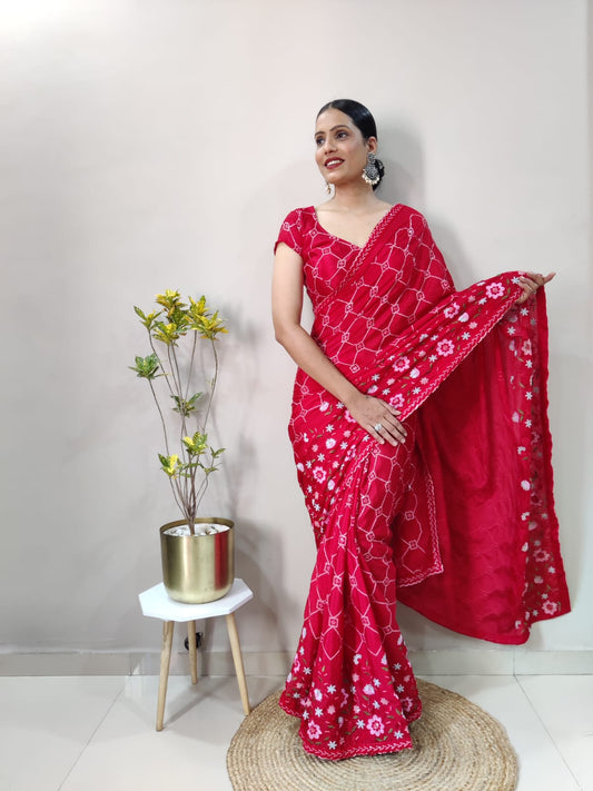 Red Chinnon Silk Ready To Wear Saree