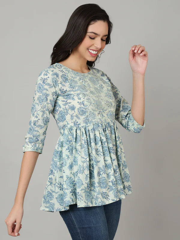 FLORAL FIT EMBROIDERED FLARED TOP