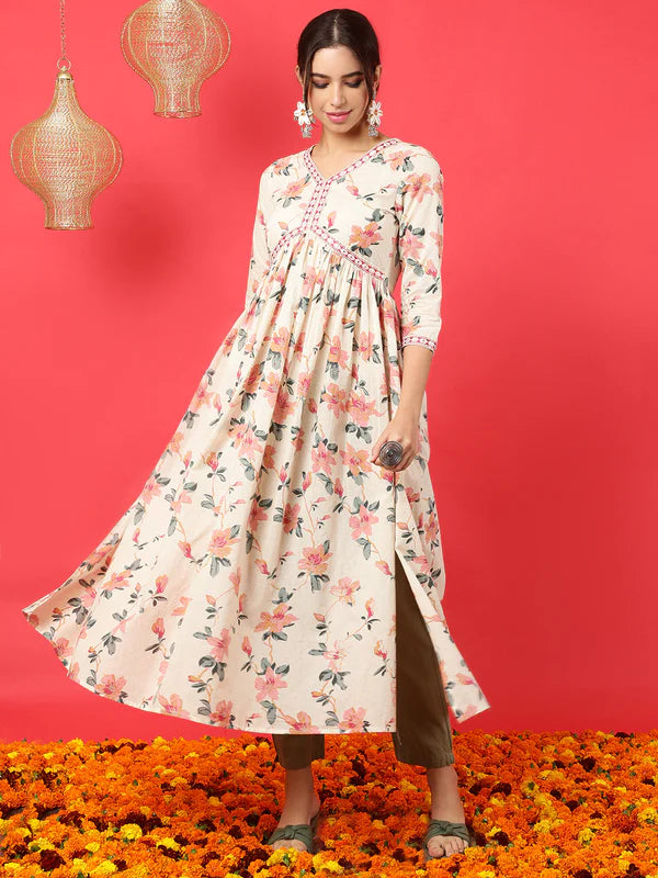 RAYON CALF LENGTH PRINTED SEMI-FLARED 3/4 SLEEVES V-NECK KURTA