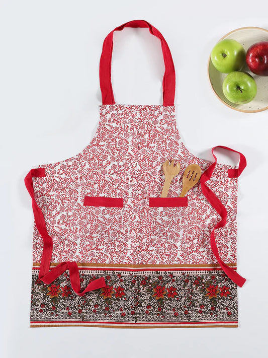 Red Cotton Floral Printed Apron For Home Use