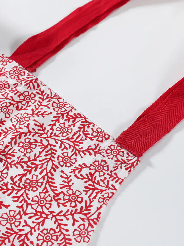 Red Cotton Floral Printed Apron For Home Use