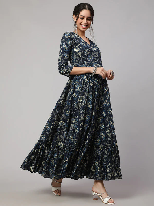 FLORAL PRINT V-NECK FLARED KURTA