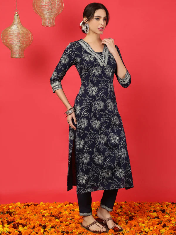 RAYON CALF LENGTH PRINTED STRAIGHT 3/4 SLEEVES V-NECK KURTA BOTTOM SET