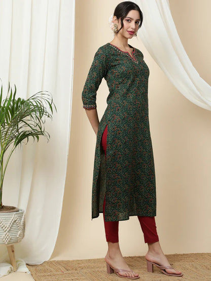 COTTON CALF LENGTH PRINTED STRAIGHT 3/4 SLEEVES ROUND KURTA