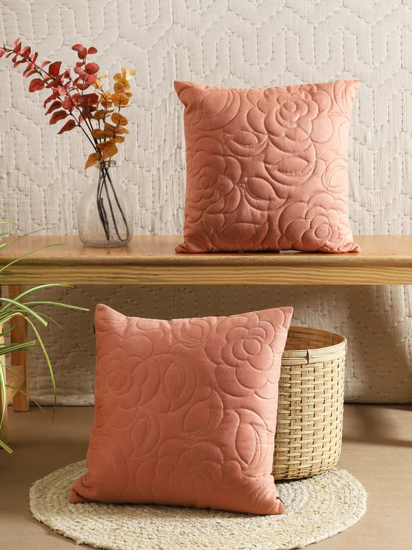 Brown Poly Suede Floral Quilting Cushion Cover Set Of 2