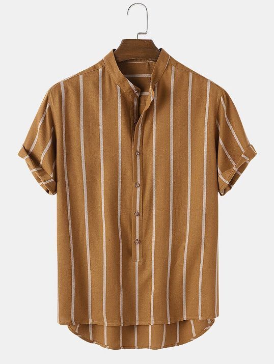 Simple Fashion Striped Men's Stand Collar Short Sleeve Shirt Men