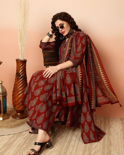 Calf Length Semi-Flared 3/4 Sleeves V Kurta Bottom Dupatta Set