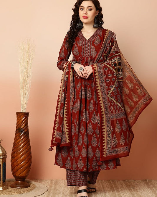 Calf Length Semi-Flared 3/4 Sleeves V Kurta Bottom Dupatta Set