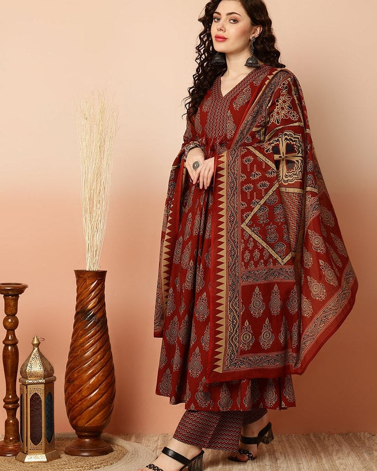 Calf Length Semi-Flared 3/4 Sleeves V Kurta Bottom Dupatta Set