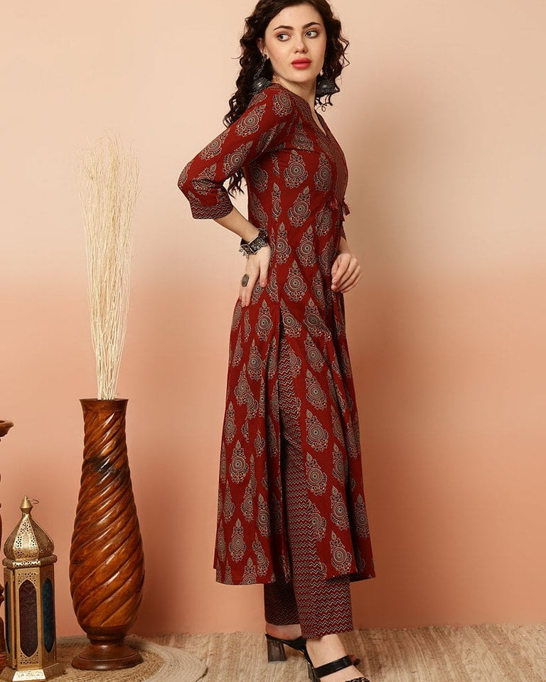 Calf Length Semi-Flared 3/4 Sleeves V Kurta Bottom Dupatta Set