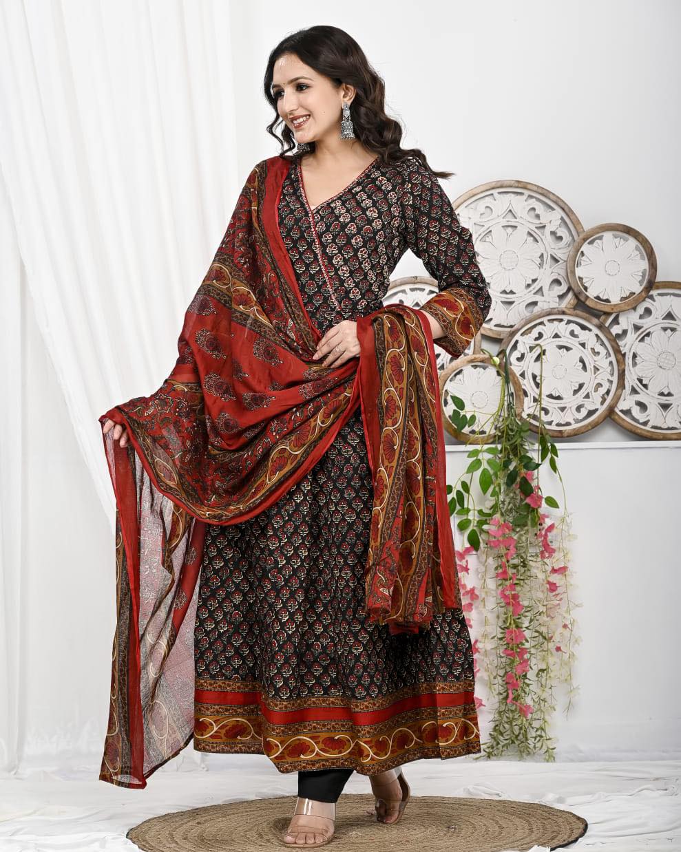 Azrak Print With Angrakha Anarkali