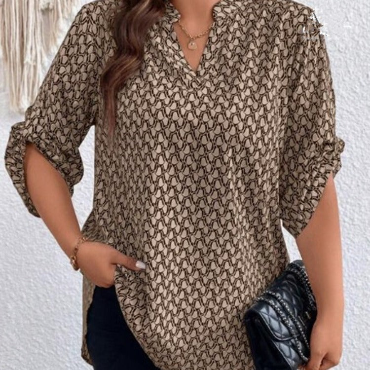 Women's Shirt V-neck Long Sleeve Temperament Printed Slimming Top