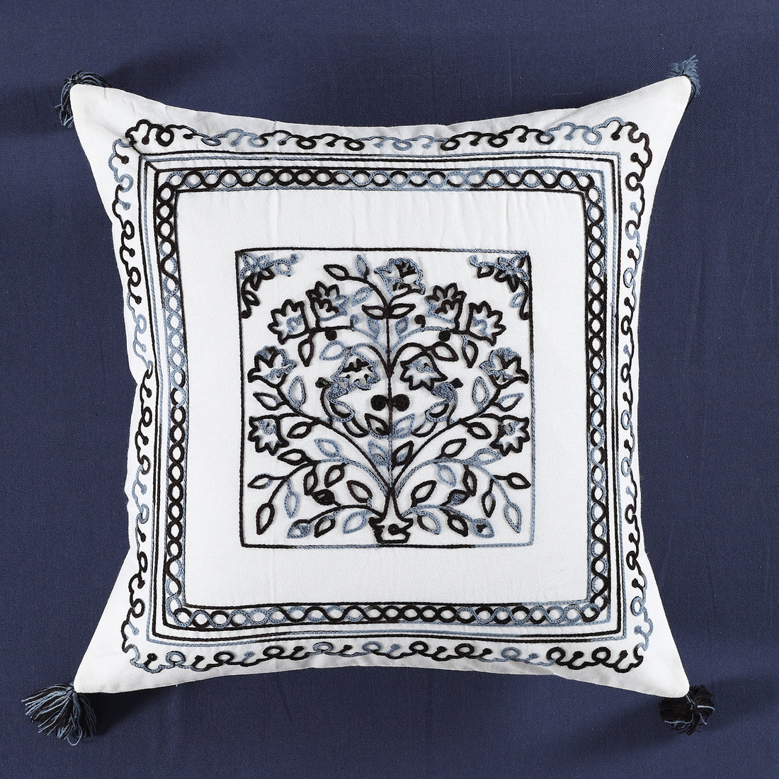 Blue Cotton Floral Embroidery Cushion Cover Set Of 2