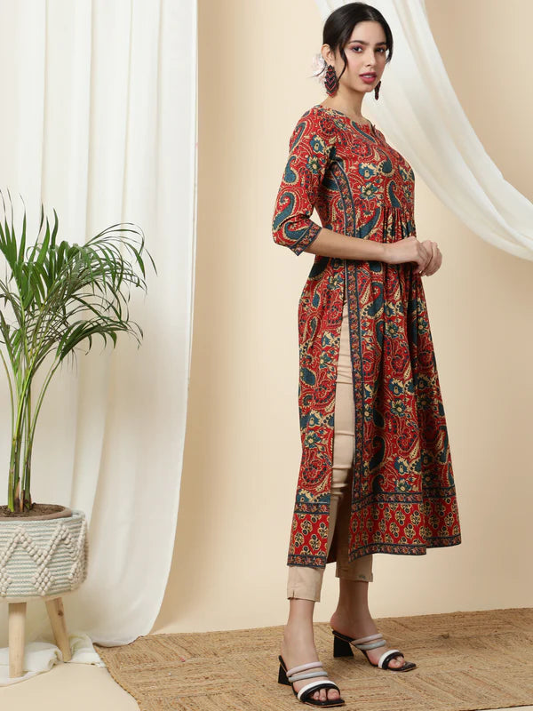 RAYON CALF LENGTH PRINTED SEMI-FLARED 3/4 SLEEVES ROUND KURTA