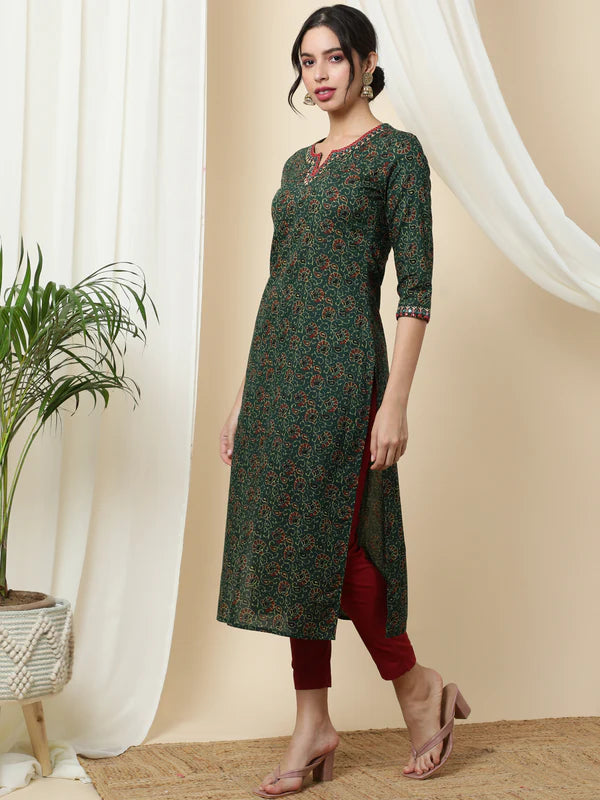 COTTON CALF LENGTH PRINTED STRAIGHT 3/4 SLEEVES ROUND KURTA