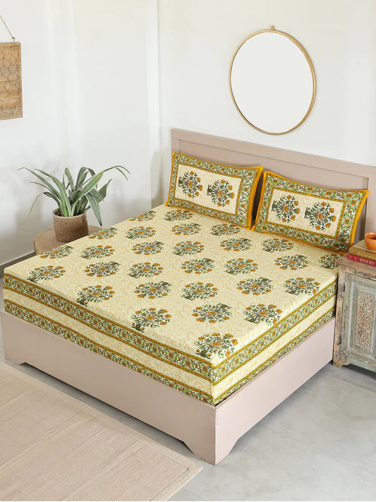 Yellow Cotton Floral Printed Bedsheets For Double Bed Queen Size