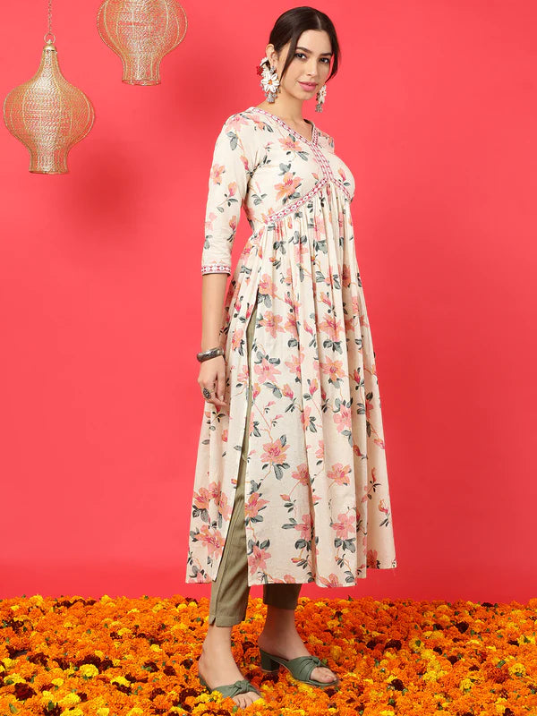 RAYON CALF LENGTH PRINTED SEMI-FLARED 3/4 SLEEVES V-NECK KURTA