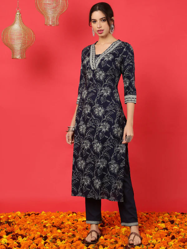 RAYON CALF LENGTH PRINTED STRAIGHT 3/4 SLEEVES V-NECK KURTA BOTTOM SET