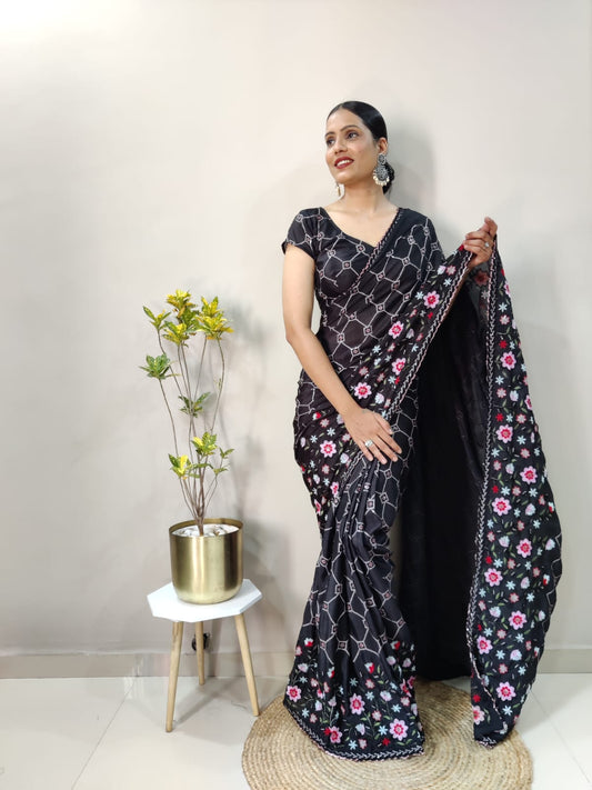 Black Chinnon Silk Ready To Wear Saree