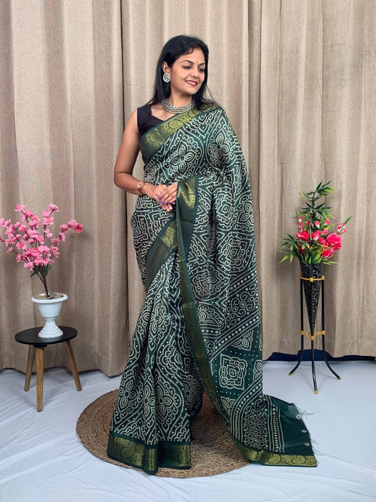 GREEN SOFT TUSSHAR SILK BANDHEJ SAREE