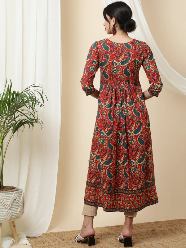 RAYON CALF LENGTH PRINTED SEMI-FLARED 3/4 SLEEVES ROUND KURTA