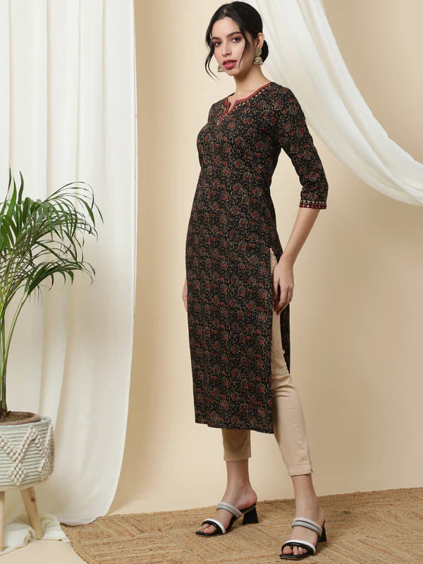 COTTON CALF LENGTH PRINTED STRAIGHT 3/4 SLEEVES ROUND KURTA