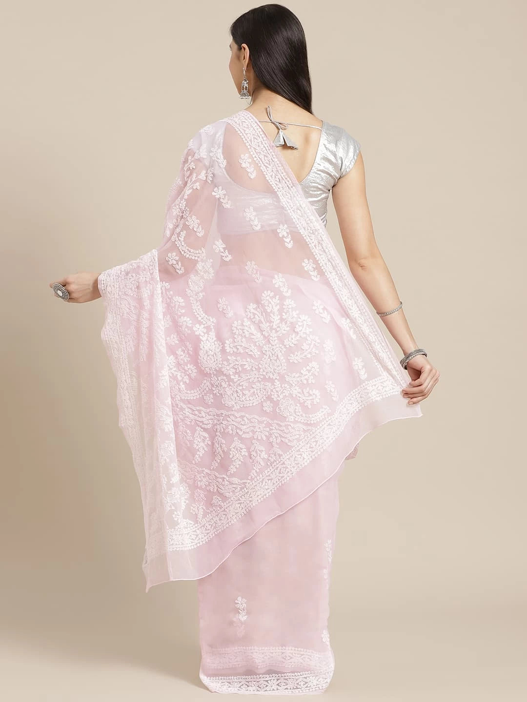 Hand Embroidered Pink Georgette Lucknow Chikankari Saree With Blouse