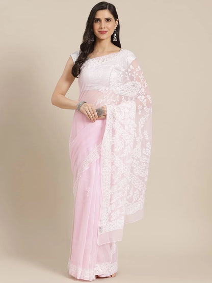 Hand Embroidered Pink Georgette Lucknow Chikankari Saree With Blouse