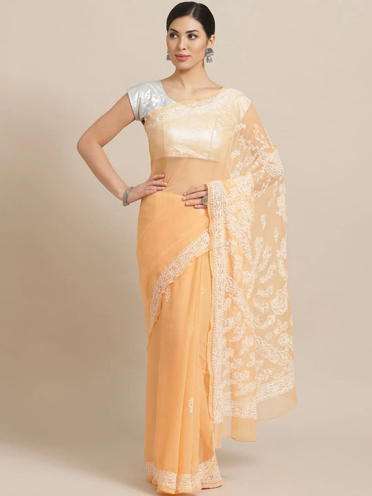 Hand Embroidered Peach Georgette Lucknowi Chikankari Saree With Blouse