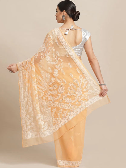 Hand Embroidered Peach Georgette Lucknowi Chikankari Saree With Blouse