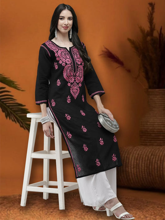 Hand Embroidered Black Cotton Lucknow Chikankari Straight Kurta