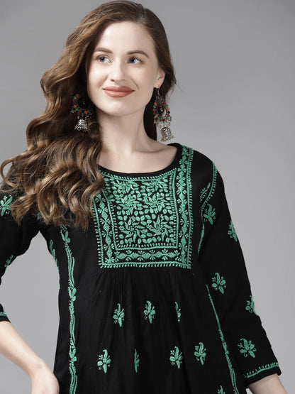 Hand Embroidered Black Cotton Lucknowi Chikankari Kurti