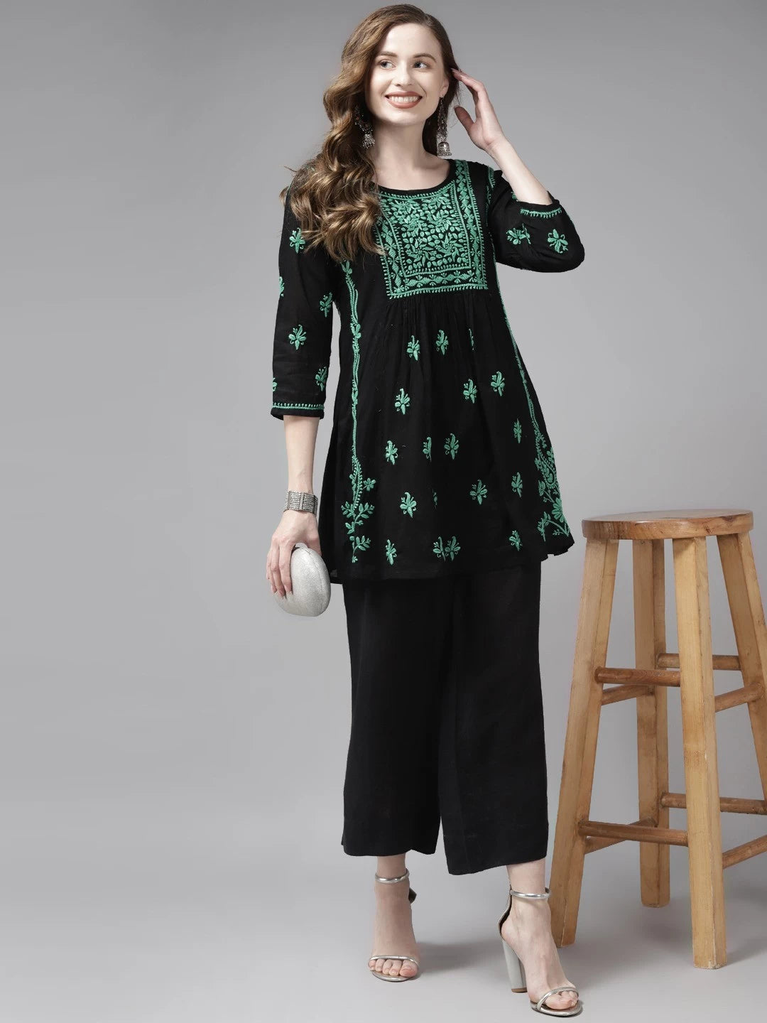 Hand Embroidered Black Cotton Lucknowi Chikankari Kurti