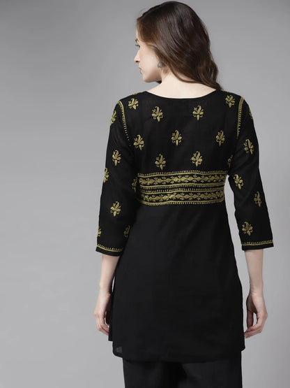 Hand Embroidered Black Cotton Lucknowi Chikankari Kurti