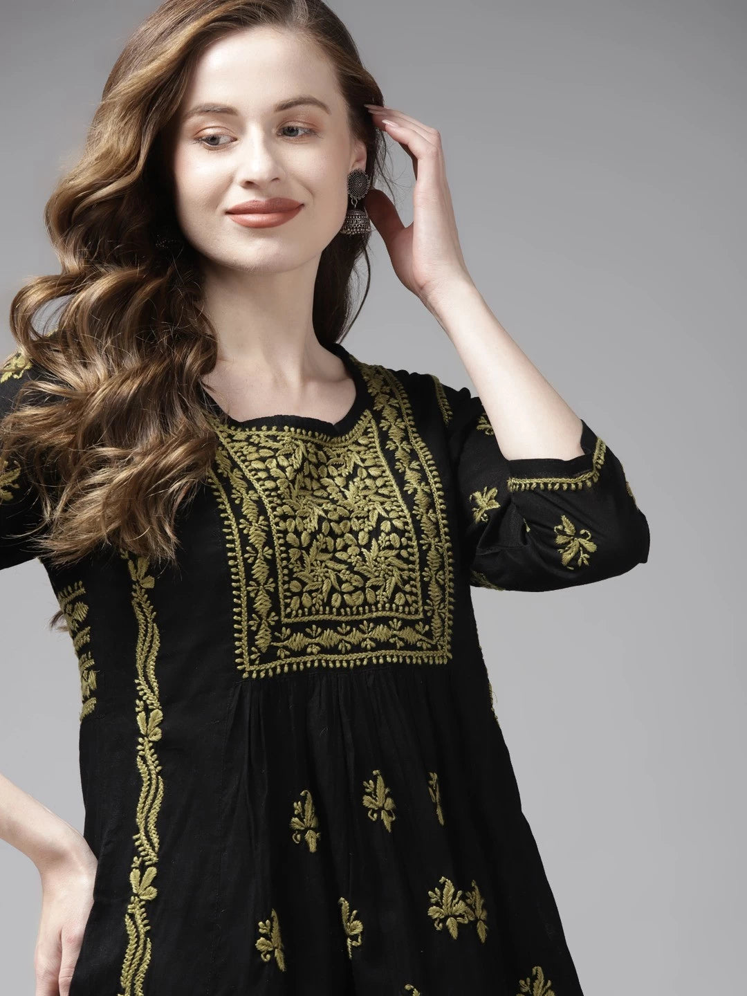 Hand Embroidered Black Cotton Lucknowi Chikankari Kurti