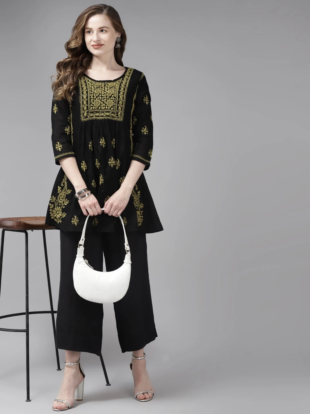 Hand Embroidered Black Cotton Lucknowi Chikankari Kurti