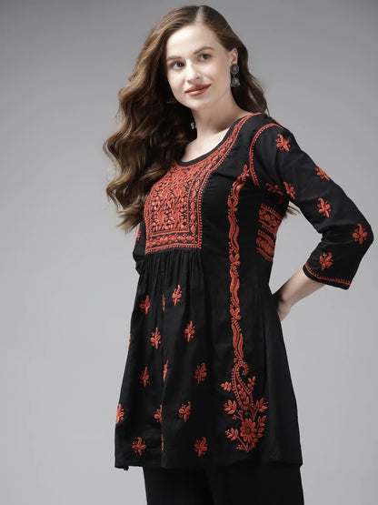 Hand Embroidered Black Cotton Lucknowi Chikankari Kurti