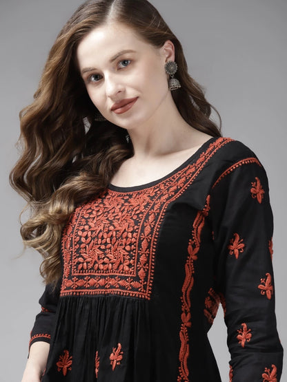 Hand Embroidered Black Cotton Lucknowi Chikankari Kurti