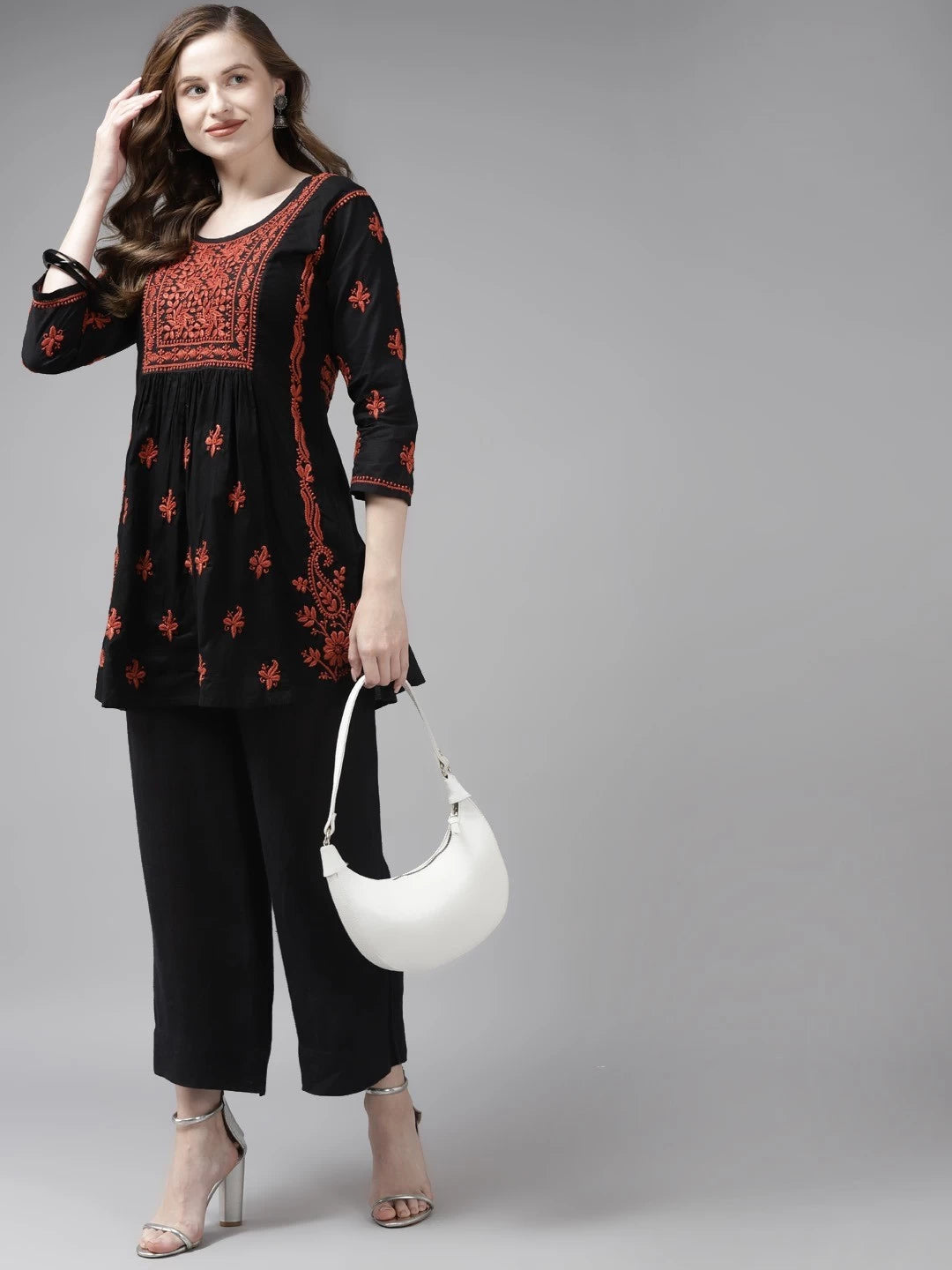 Hand Embroidered Black Cotton Lucknowi Chikankari Kurti