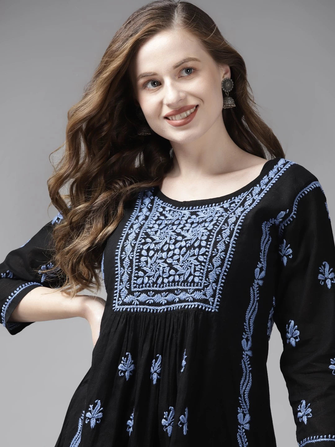 Hand Embroidered Black Cotton Lucknow Chikankari Kurti