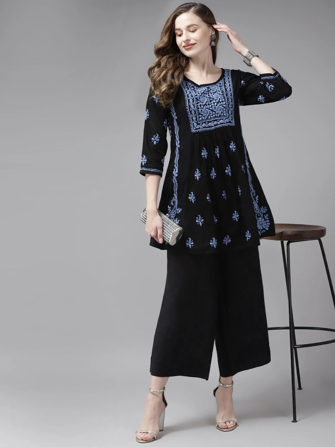 Hand Embroidered Black Cotton Lucknow Chikankari Kurti