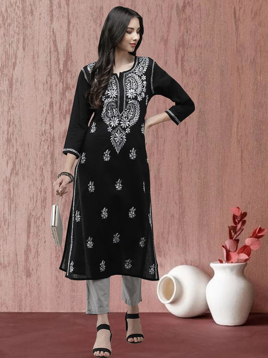 Hand Embroidered Black Cotton Lucknow Chikankari Straight Kurta